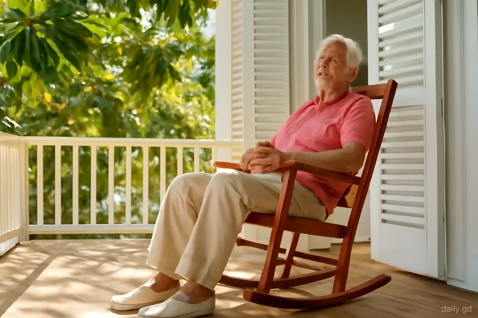 An older man rests in a rocking chair on a shaded wooden veranda with louvred windows open behind him, breadfruit tree casting shade, eye-level view, warm afternoon light