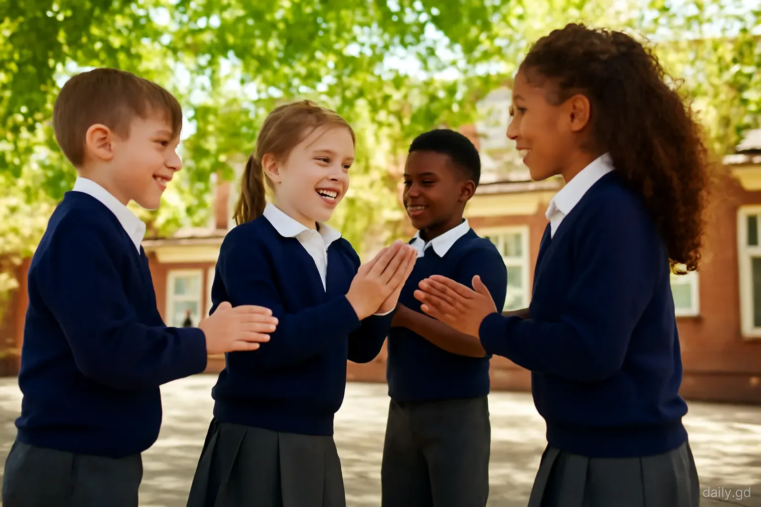 Primary schoolchildren in neat uniforms playing a clapping game in a shaded schoolyard in St George's parish, low angle among the children, dappled afternoon light