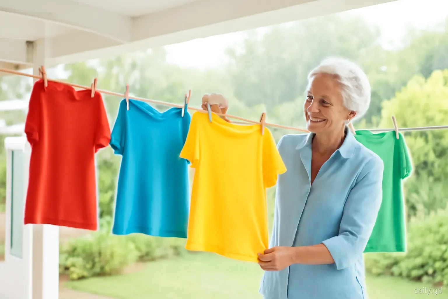 A grandmother pegs bright school shirts on a washing line under a covered back gallery as a light rain shower falls on the garden beyond, eye-level view, soft daylight
