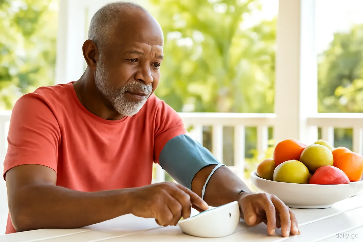 Older Grenadian man checking his blood pressure with a home cuff at a veranda table beside a bowl of fresh fruit, morning sun, close three-quarter view