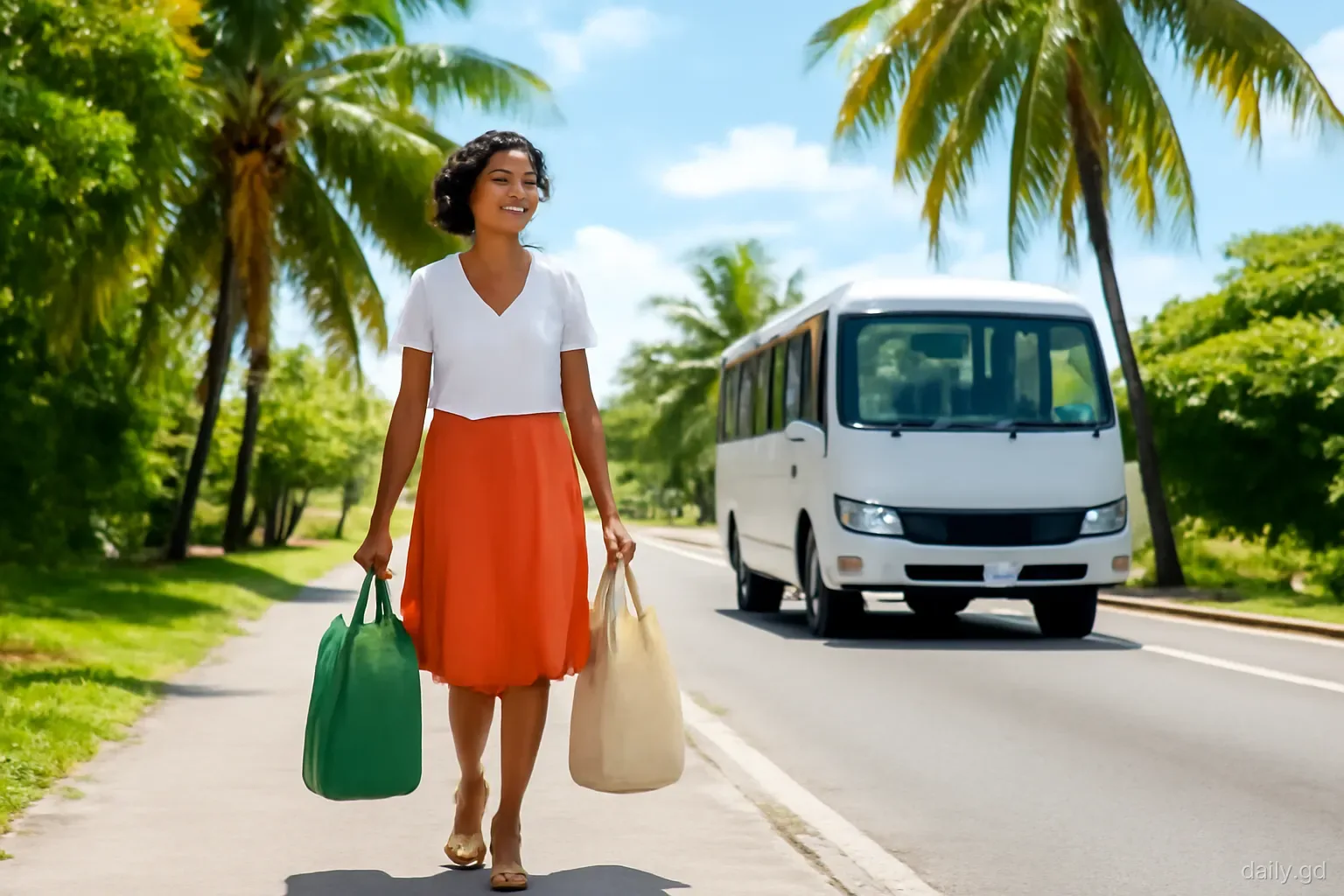 A woman with two cloth shopping bags walks along a shaded roadside verge in Morne Rouge toward a waiting minibus, palm trees overhead, wide shot, bright midday light