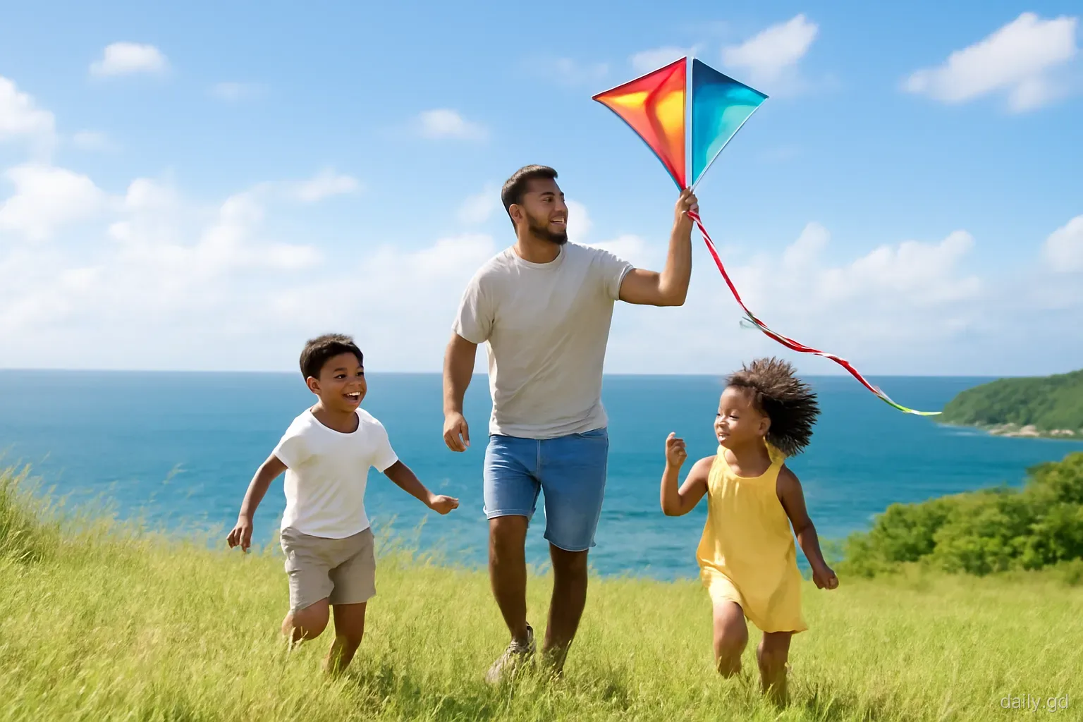 A father and two young children flying a homemade kite on a grassy hilltop above the south coast of Grenada, sea below, wide shot from low grass, bright breezy afternoon