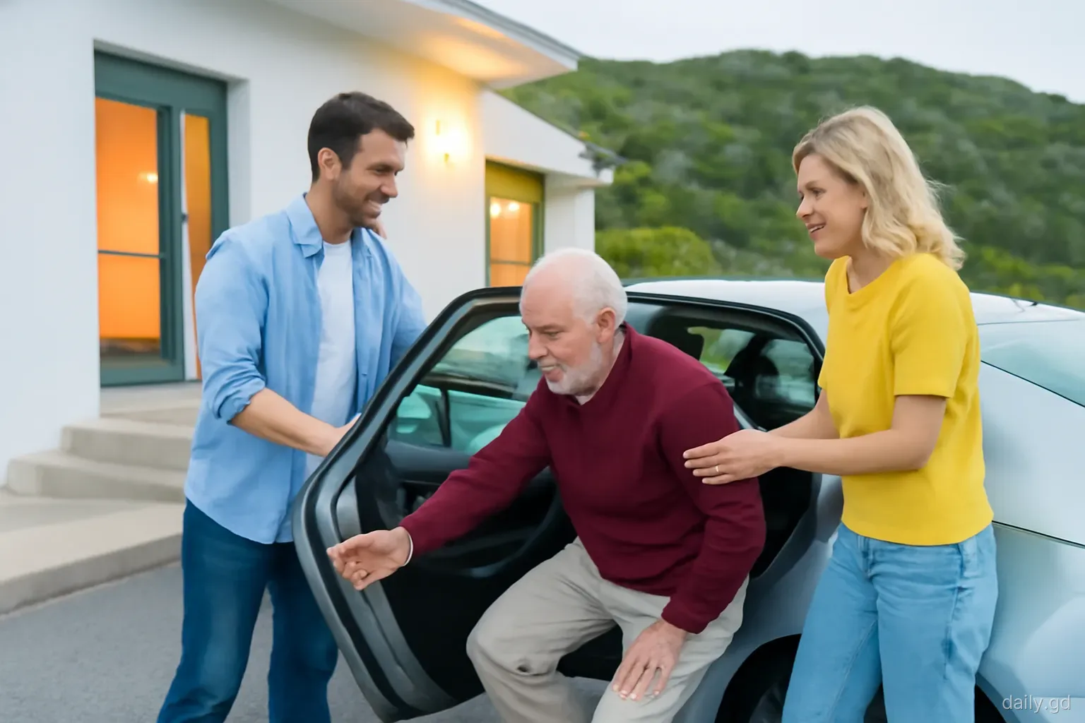 Two neighbours helping an older man into the back seat of a car outside a hillside house in St David at dusk, soft porch light, wide side angle