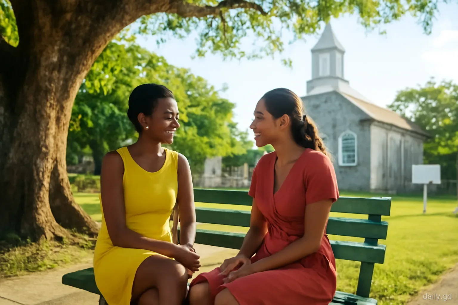Two women sitting on a shaded bench under a large tree in a quiet churchyard in Grenada, talking calmly, late afternoon light, medium side view