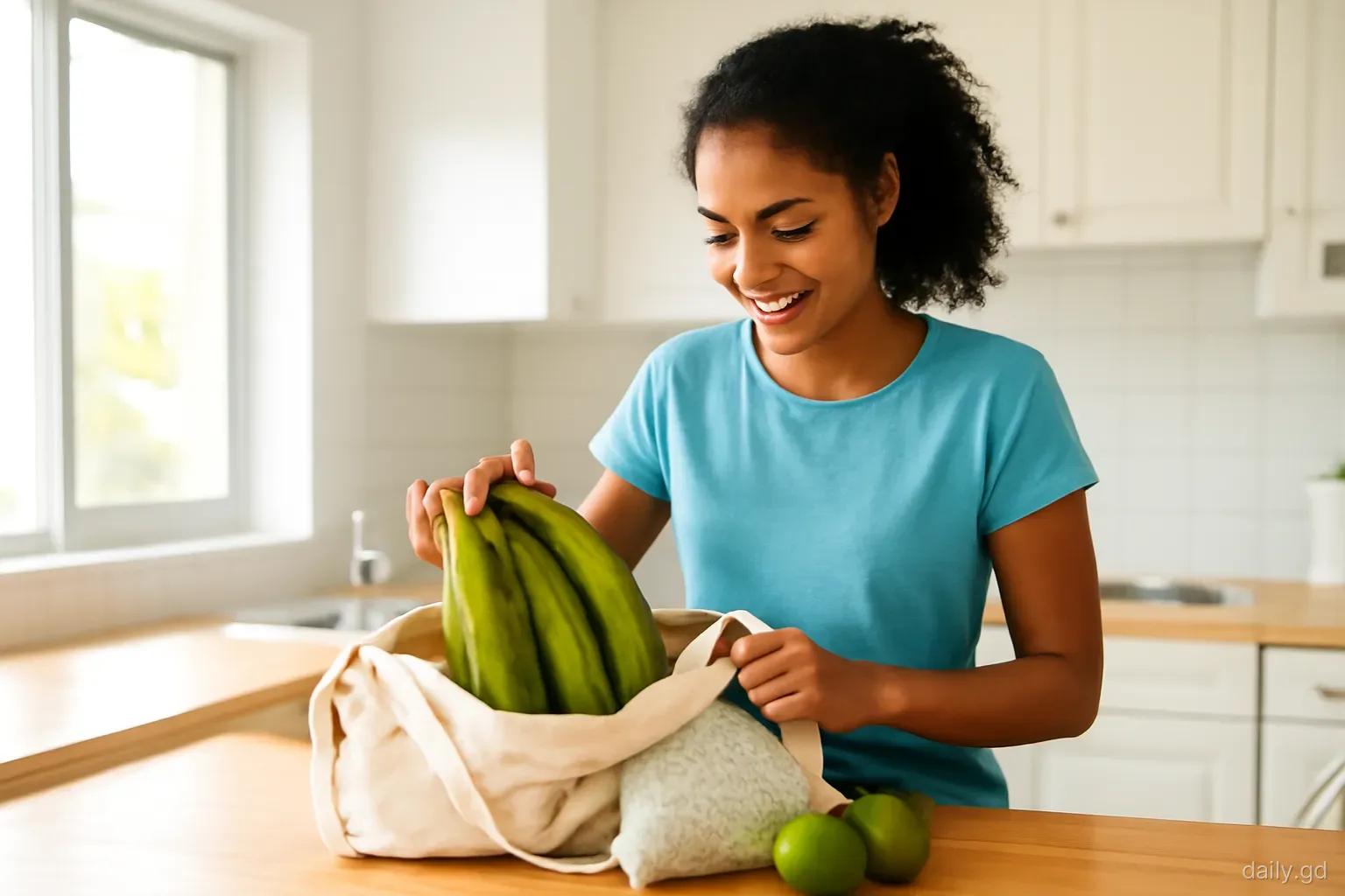 Young woman unpacking a cloth shopping bag of plantains, rice and limes on a wooden kitchen counter in a small Grenadian apartment, soft morning light, eye-level view