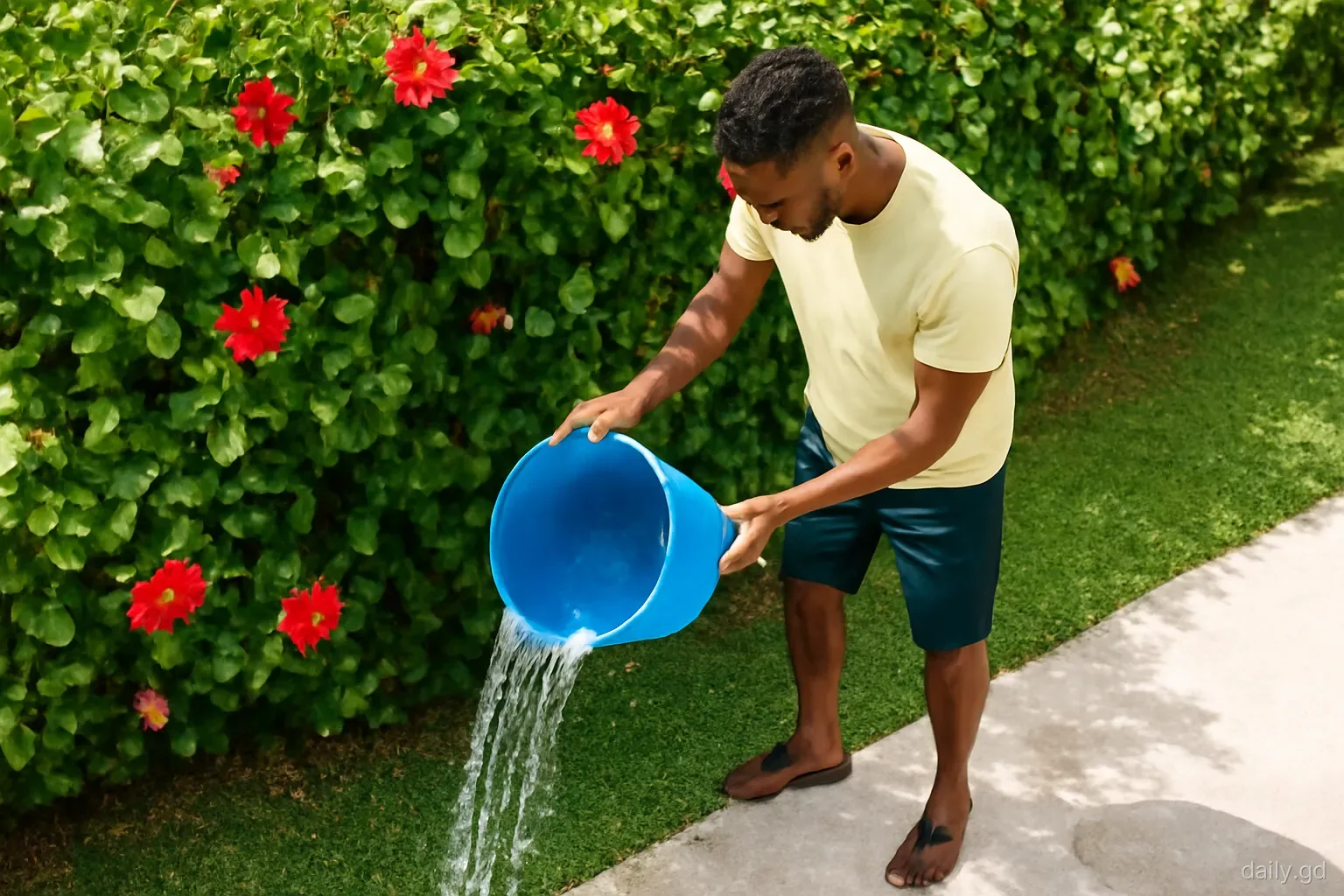 Man tipping rainwater out of a plastic bucket beside a hibiscus hedge in a suburban Grenadian yard after a shower, glistening leaves, overhead angle