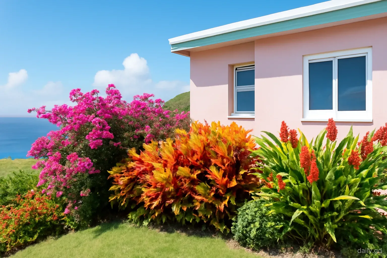 A colourful front yard of bougainvillea, crotons and red ginger lilies beside a pastel concrete house on a breezy hillside in St David, sea in distance, wide angle, bright light