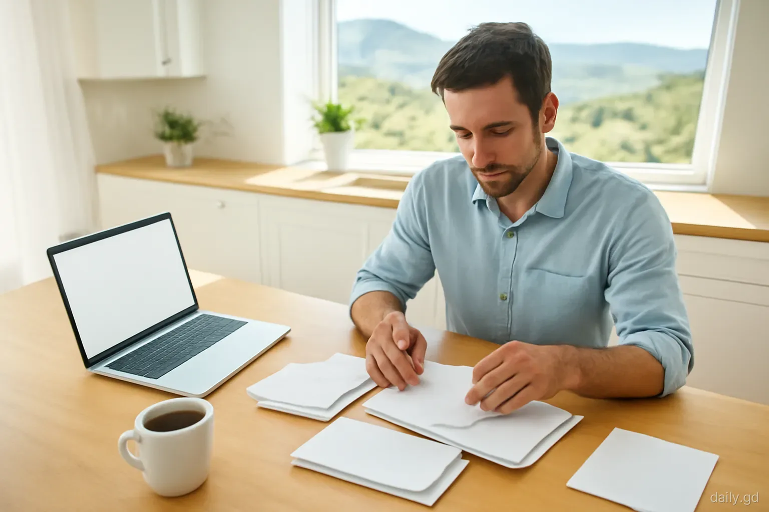 A man sits at a wooden kitchen table on a breezy gallery sorting paper envelopes beside a laptop and coffee mug, hills of St George behind, overhead angle, morning light