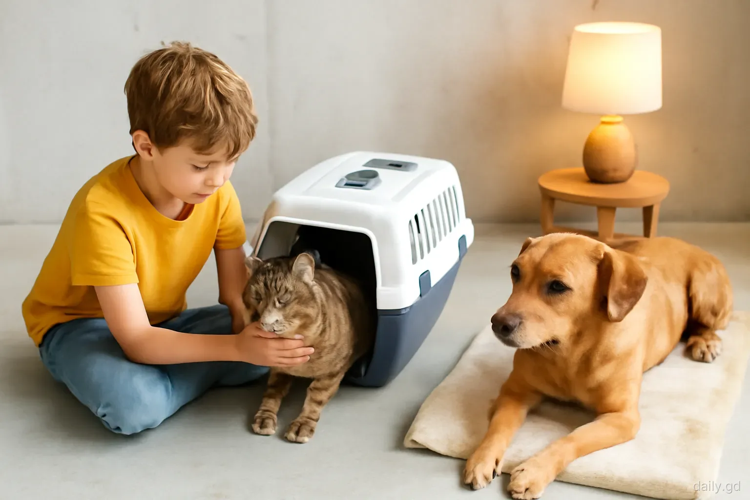 A boy settles a calm tabby cat into a ventilated pet carrier in a sturdy concrete room while a dog lies nearby on a blanket, warm lamp light, overhead angle