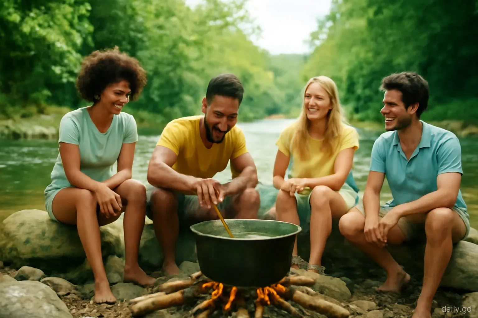 Friends gathered around a large blackened pot over a wood fire on a riverbank in the Grenada interior, one stirring, others sitting on rocks, wide shot, filtered green light