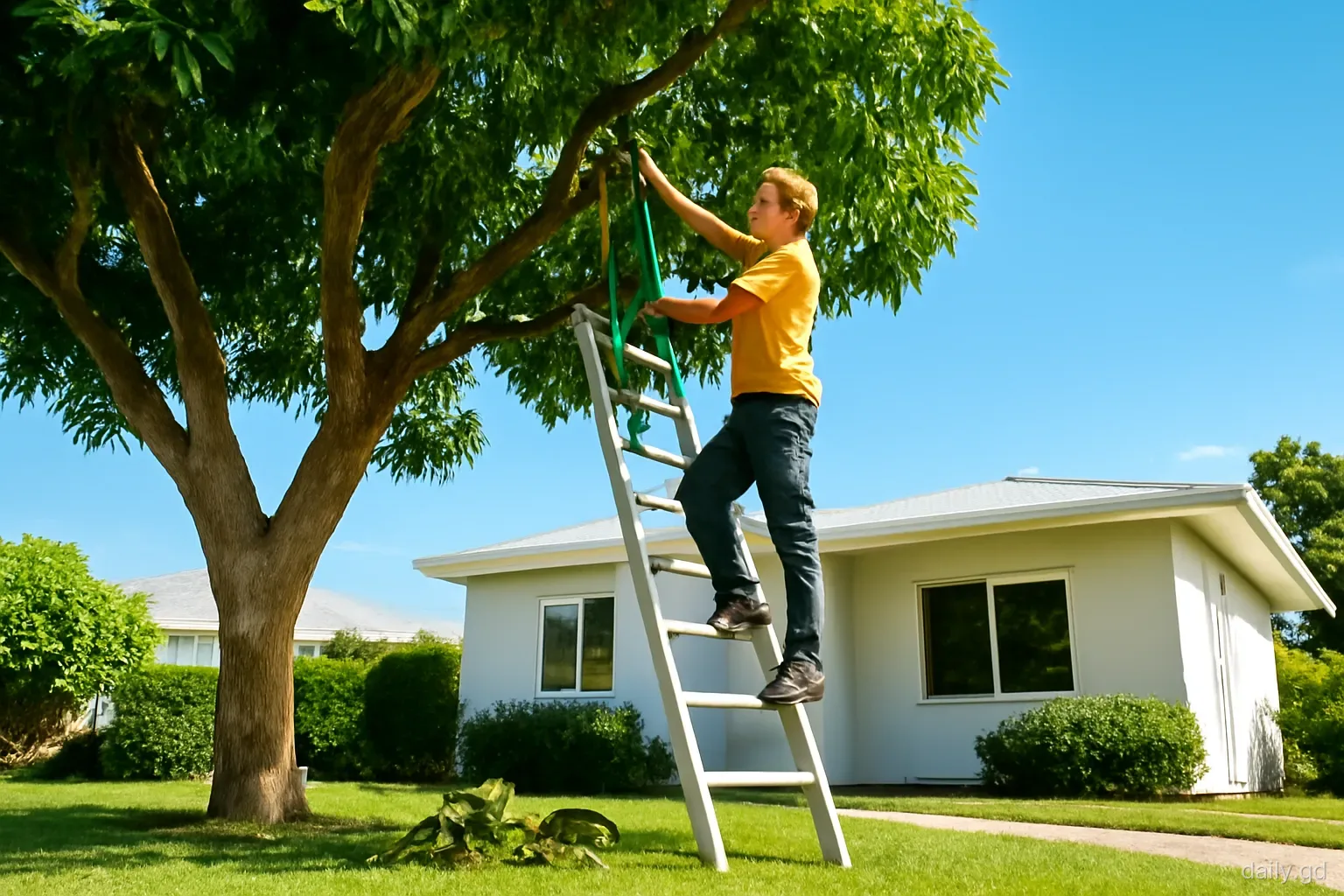 A gardener on a sturdy ladder trims branches from a large mango tree behind a family home in St Patrick, cut branches on the grass below, low angle, clear blue sky