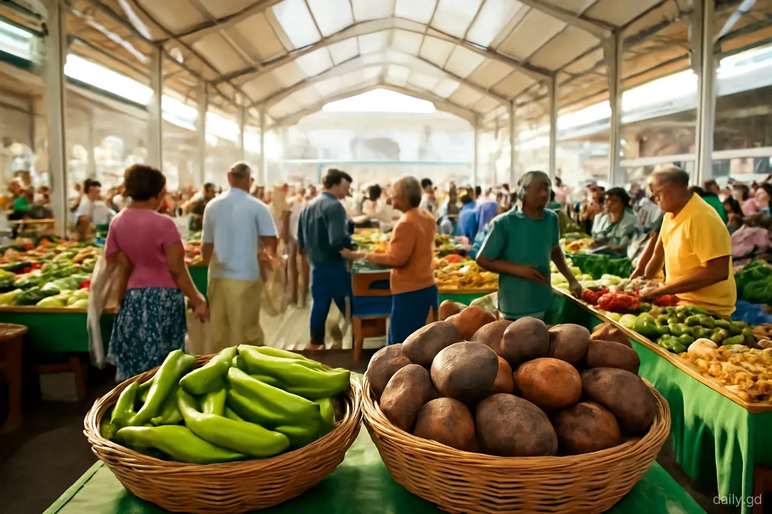 Shoppers and vendors crowding a covered produce market in St George's at early morning, baskets of plantains and dasheen in the foreground, elevated wide shot, soft dawn light