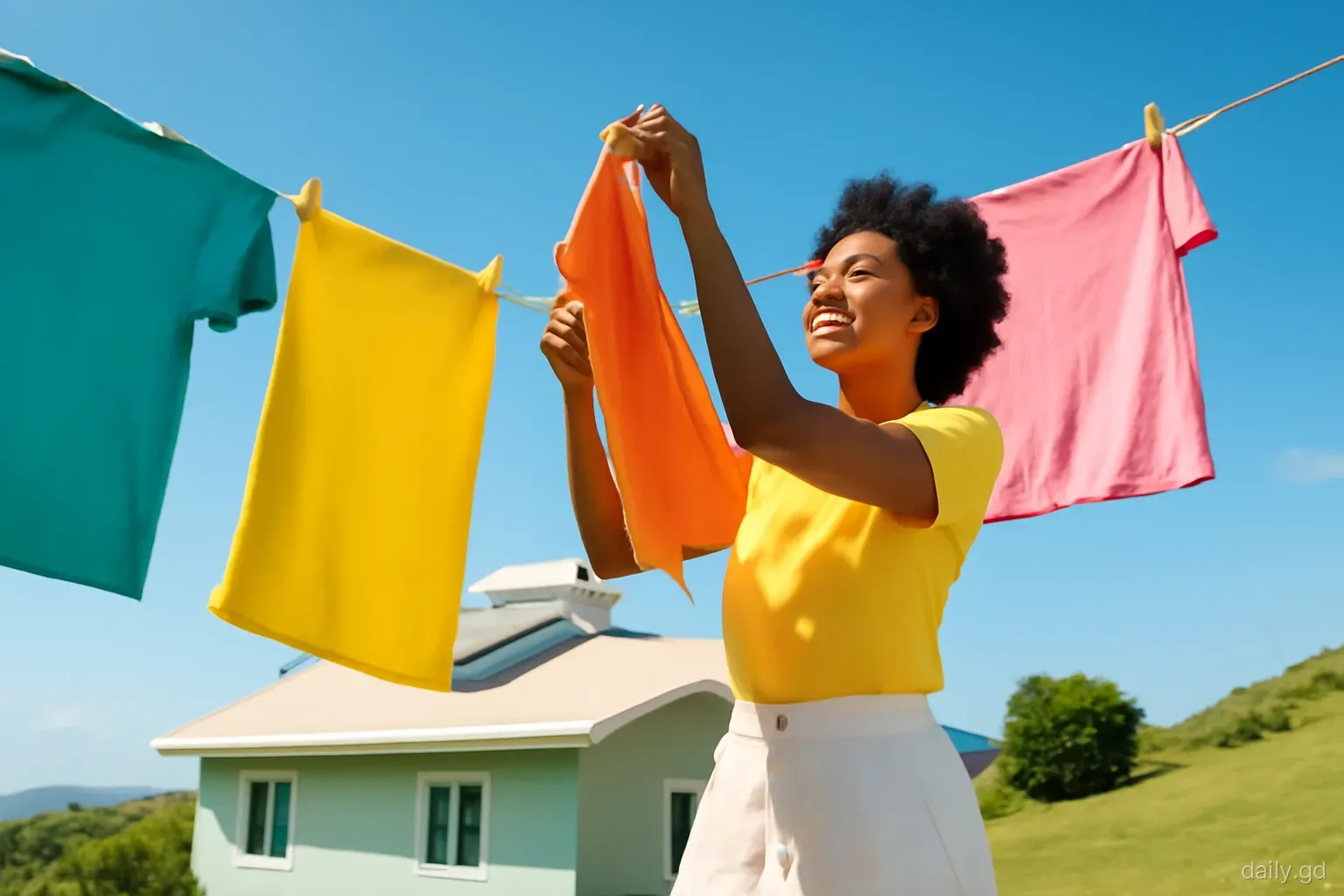 Woman hanging bright laundry on a line in a sunny hillside yard in St John, Grenada, solar water heater on the roof behind her, low angle, clear blue sky