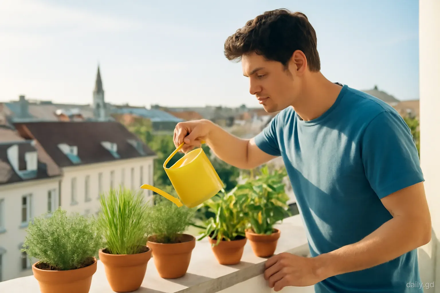 A young man waters a row of potted thyme, chive and pepper plants on a sunny apartment balcony overlooking rooftops near St George's, side angle, early morning light