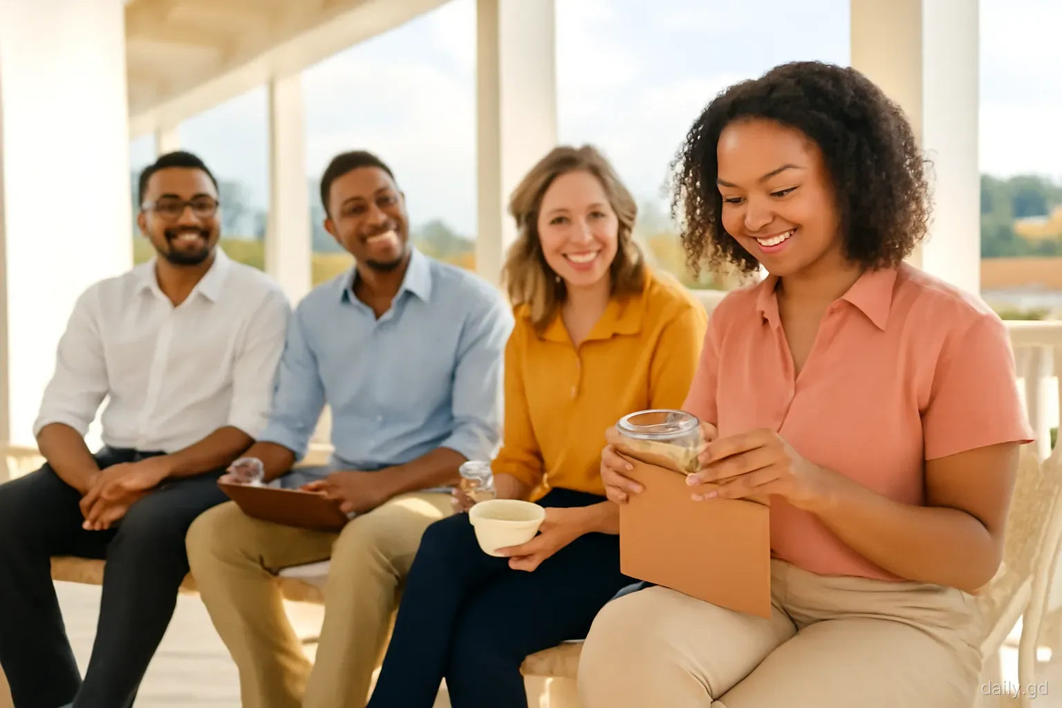 Group of colleagues sitting on a shaded office veranda in St George's, Grenada, one woman counting folded banknotes into an envelope, warm afternoon light, medium shot