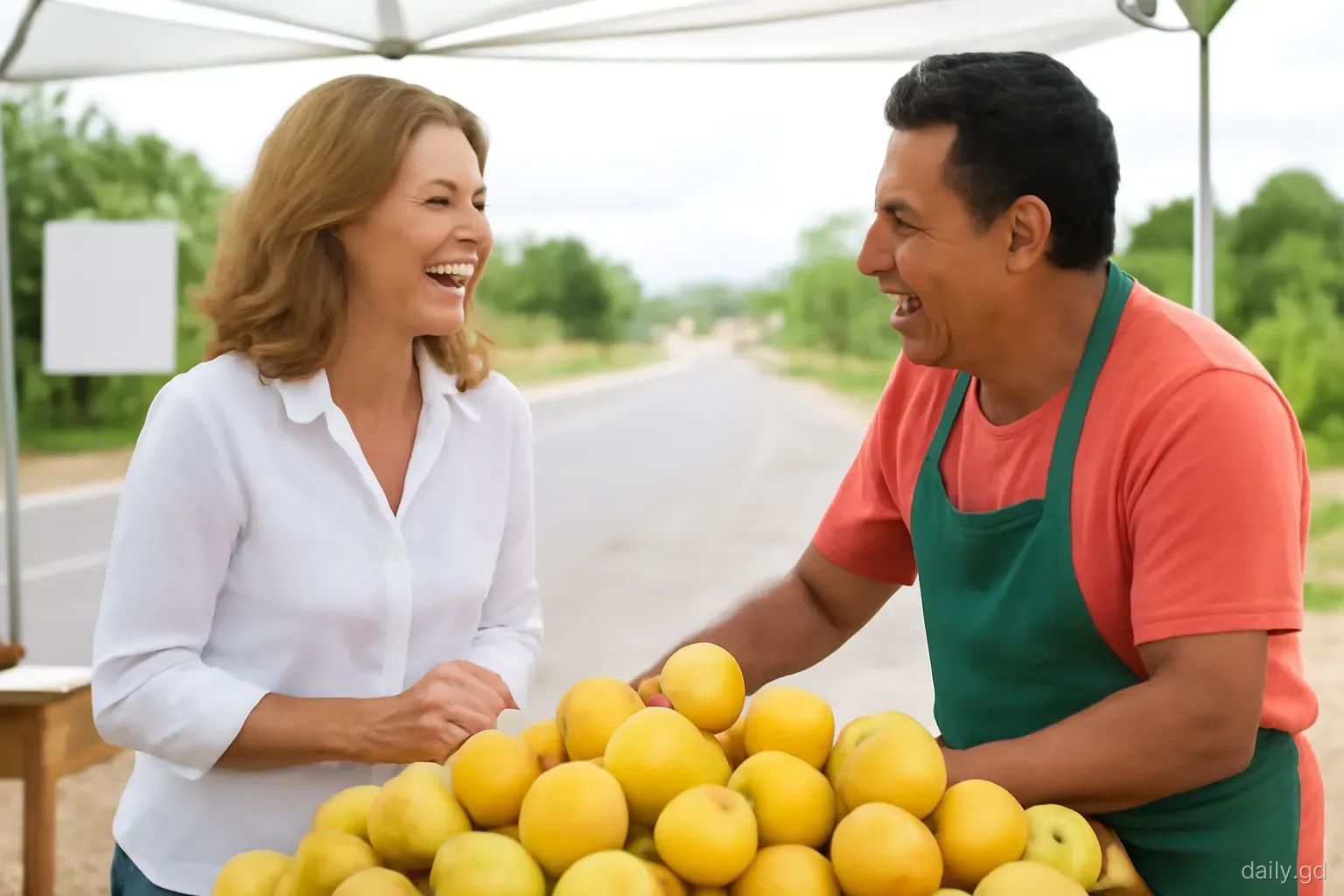 A foreign woman in her forties laughing with a fruit vendor over a pile of golden apples at a roadside stall near Grenville, close two-shot, bright overcast light