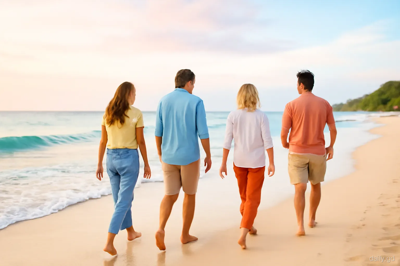 Group of mixed-age friends walking briskly along the waterline of Grand Anse beach at dawn, pastel sky, gentle waves, wide shot from behind