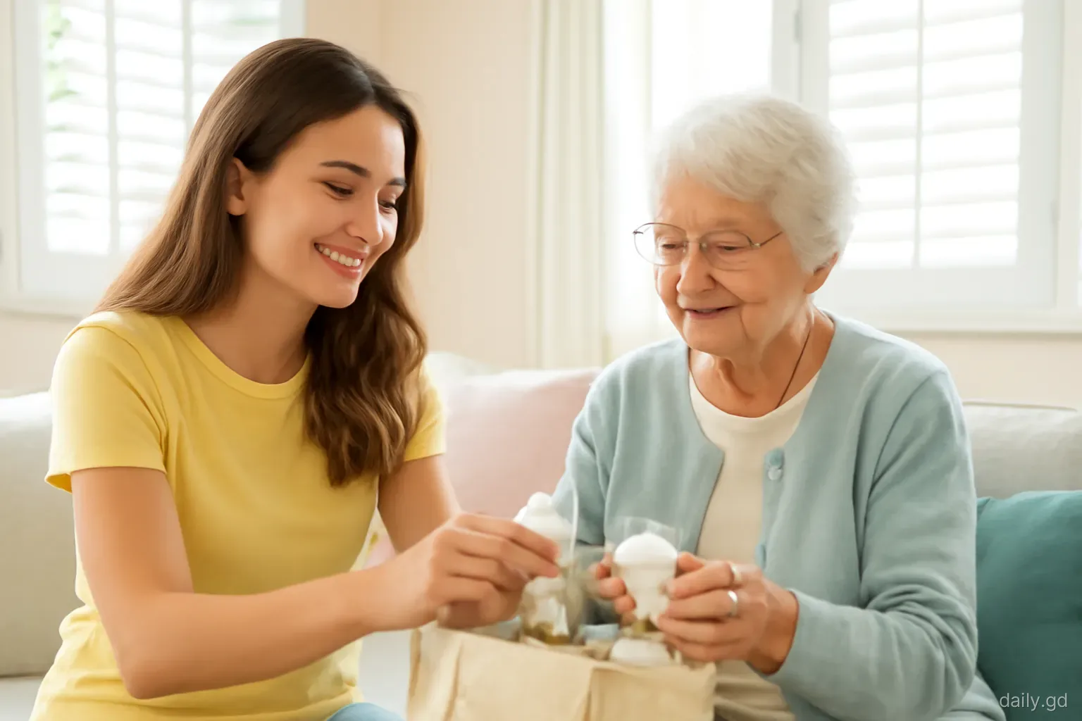 A young woman helps her grandmother pack medicine bottles into a bag in a bright pastel living room of a village house, louvred windows behind, close medium shot, soft morning light