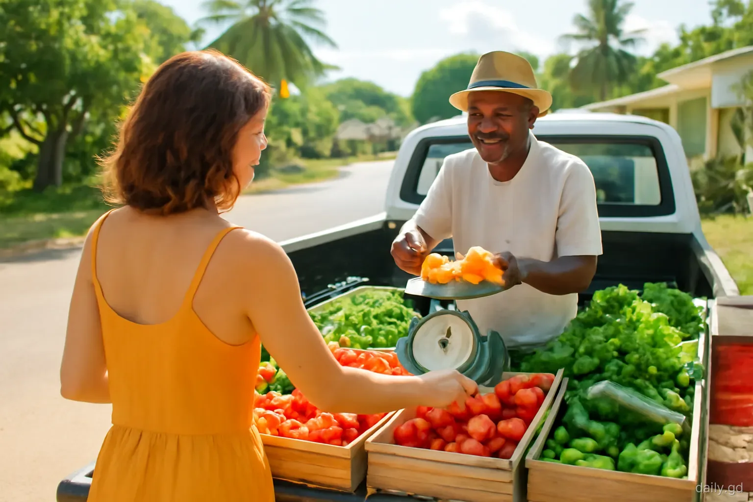 Woman choosing tomatoes and sweet peppers from a pickup truck parked by a village roadside in St Patrick, Grenada, vendor weighing produce, early morning light, over-the-shoulder view