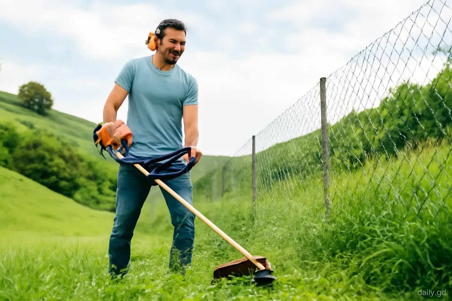 A man with a brush cutter trims tall grass along a fence in a green hillside yard in St John, cut grass flying, low angle, soft cloudy light